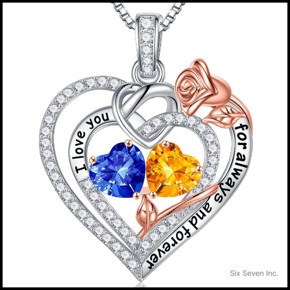 Sterling Silver Double Birthstone Necklace Elegant Heart Pendant Jewelry Gift